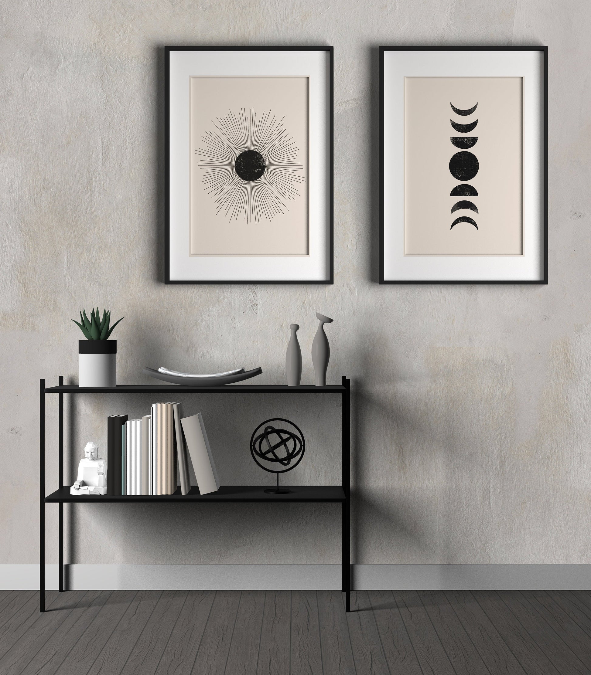 Sun Moon Wall Art- Set of 2 Modern Wall Art, Boho Wall Print Minimalist Art Abstract Sun Moon Art Print Boho Art Mid Century Modern Art.