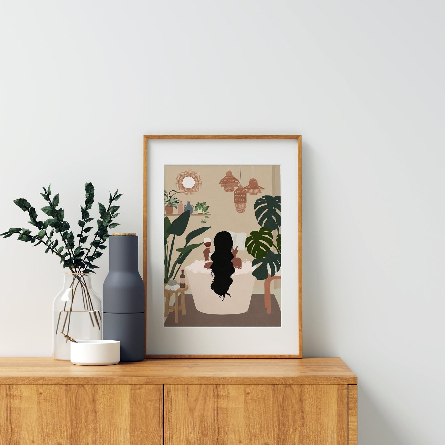 Woman read book in bath tub art Black woman art Female portrait African woman art Female in bath tub Black girl print Printable art Boho art