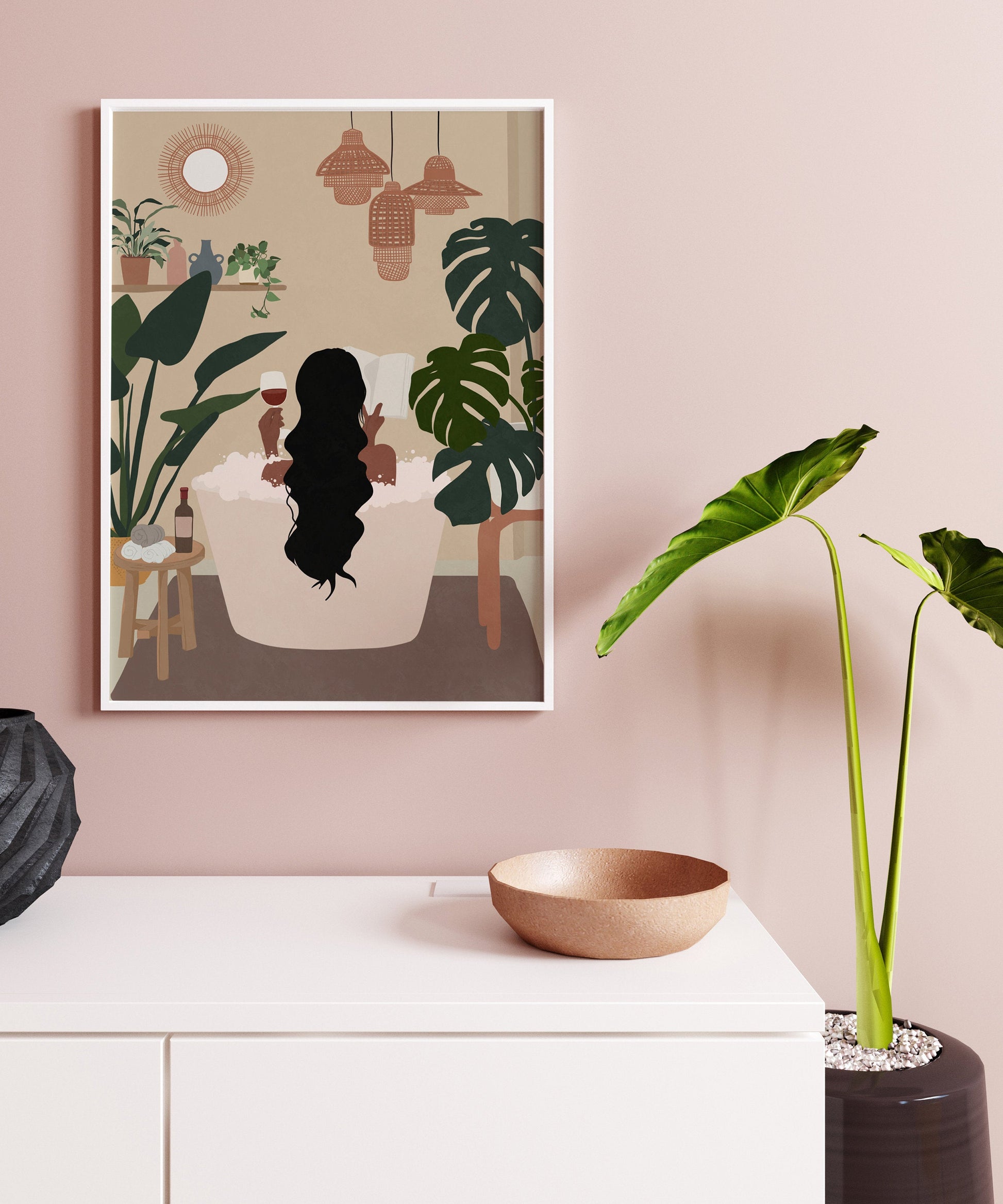 Woman read book in bath tub art Black woman art Female portrait African woman art Female in bath tub Black girl print Printable art Boho art