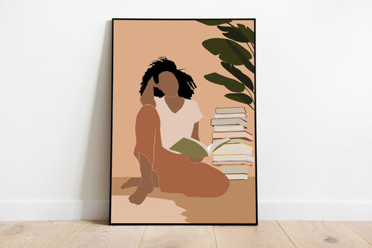 Black Woman Poster, Boho Poster Print, Poster, Art, African American Art, Girl Reading Book Art.