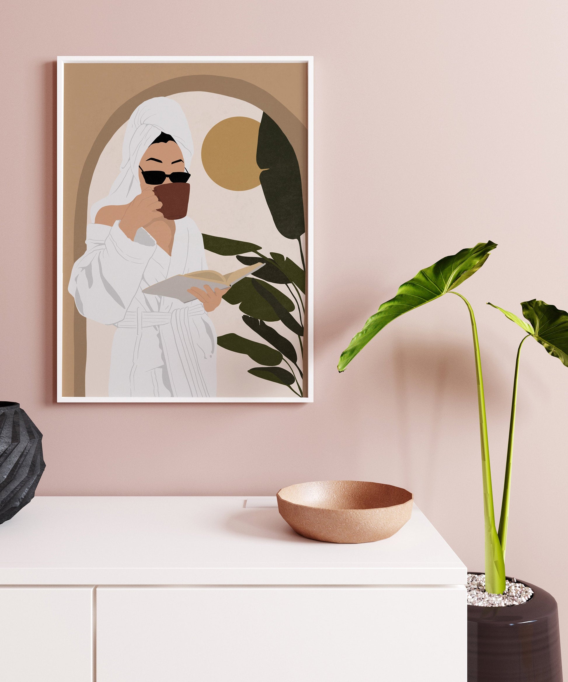 Woman Wall Art, Abstract Female Print, Coffee Lover Gift, Earthy Tone Print, Boho woman Wall Decor, Mid Century Print, Modern Girl Print.