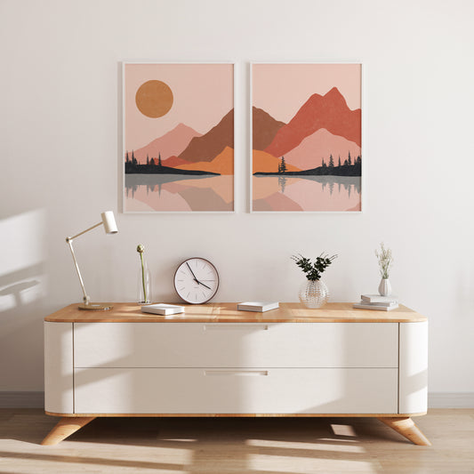 Mid Century Modern Sun Art Sun Poster Print, Boho Poster Print, Mountain Art.