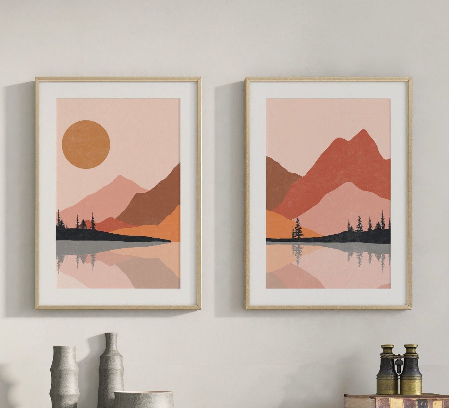 Mid Century Modern Sun Art Set of 2 Wall Art, Abstract Sun Wall Art Print, Boho Wall Art, Printable Art Print, Abstract Mountain Art.