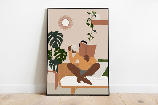 African Woman Art, Black Woman Art, Woman Reading Book, Black Girl Art Print, Boho Art Print.