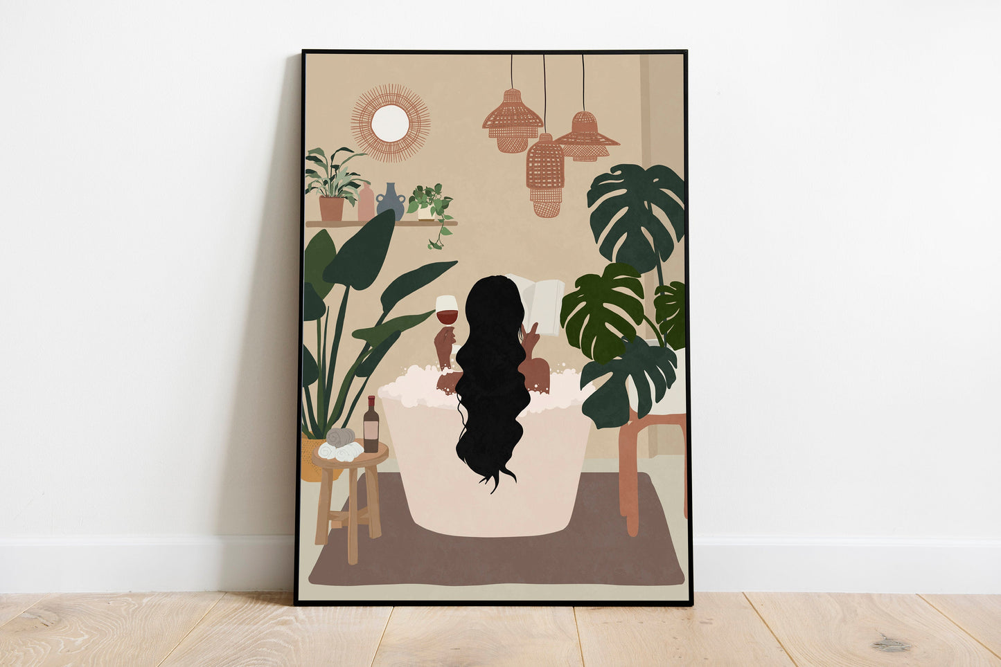 Woman read book in bath tub art Black woman art Female portrait African woman art Boho art