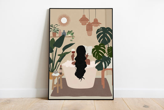 Woman read book in bath tub art Black woman art Female portrait African woman art Boho art
