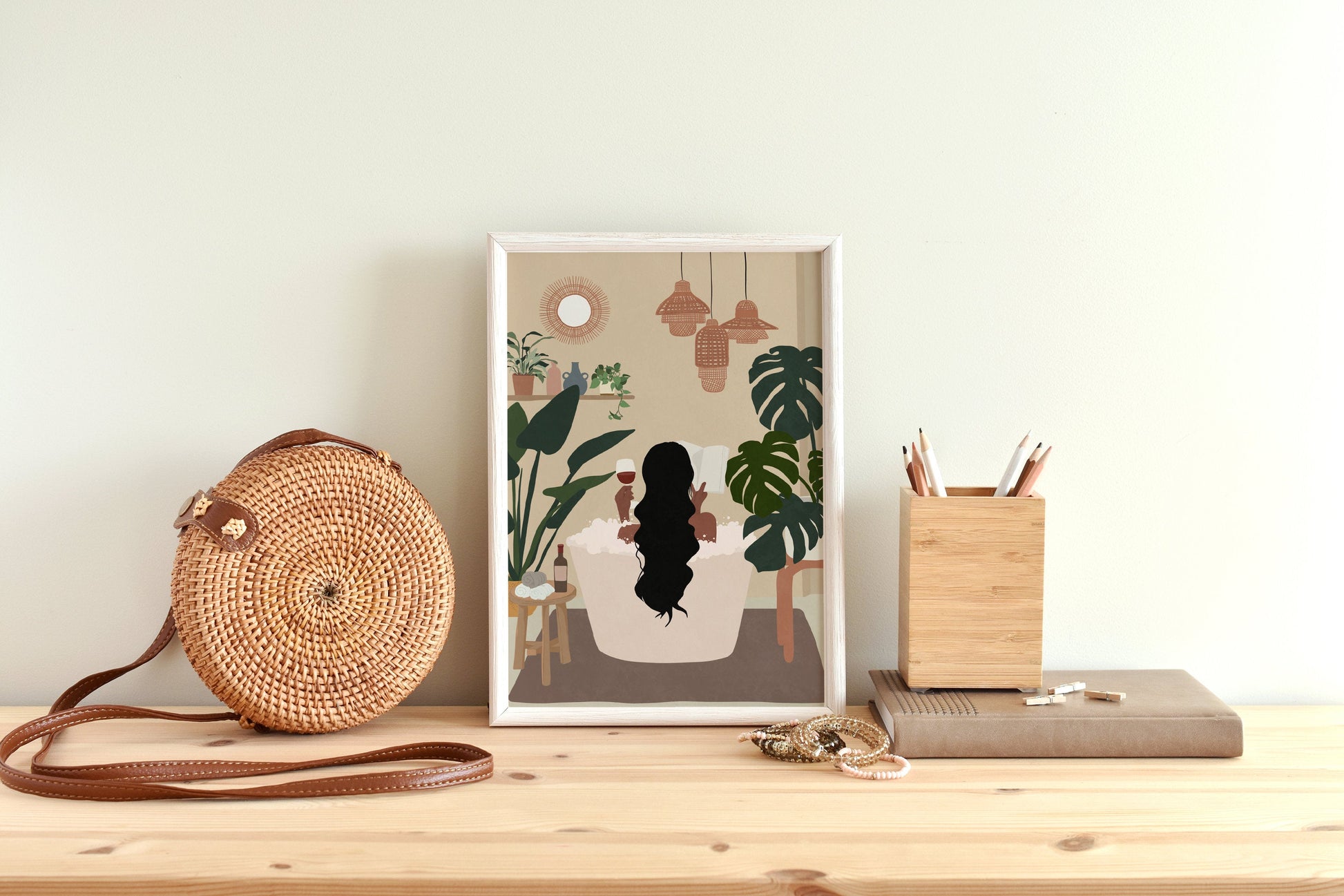 Woman read book in bath tub art Black woman art Female portrait African woman art Female in bath tub Black girl print Printable art Boho art