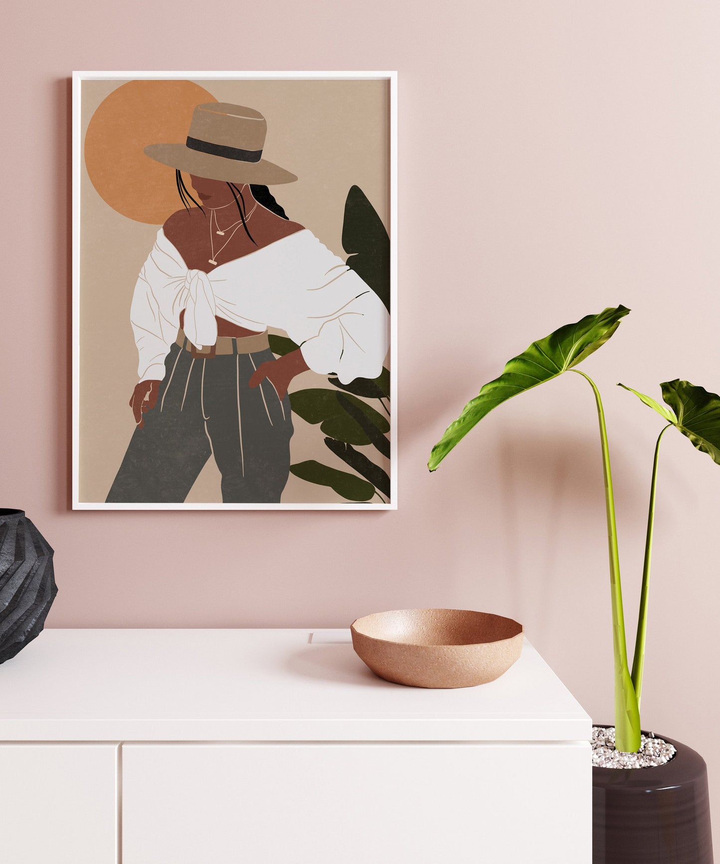 Black girl portrait with hat art African American woman art Black girl magic art Boho woman art Fashion print Black female print wall art.