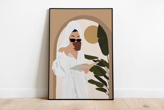 Woman Poster, Female Print, Coffee Lover Gift, Earthy Tone Print, Boho woman Wall Decor Print, Modern Girl Print.