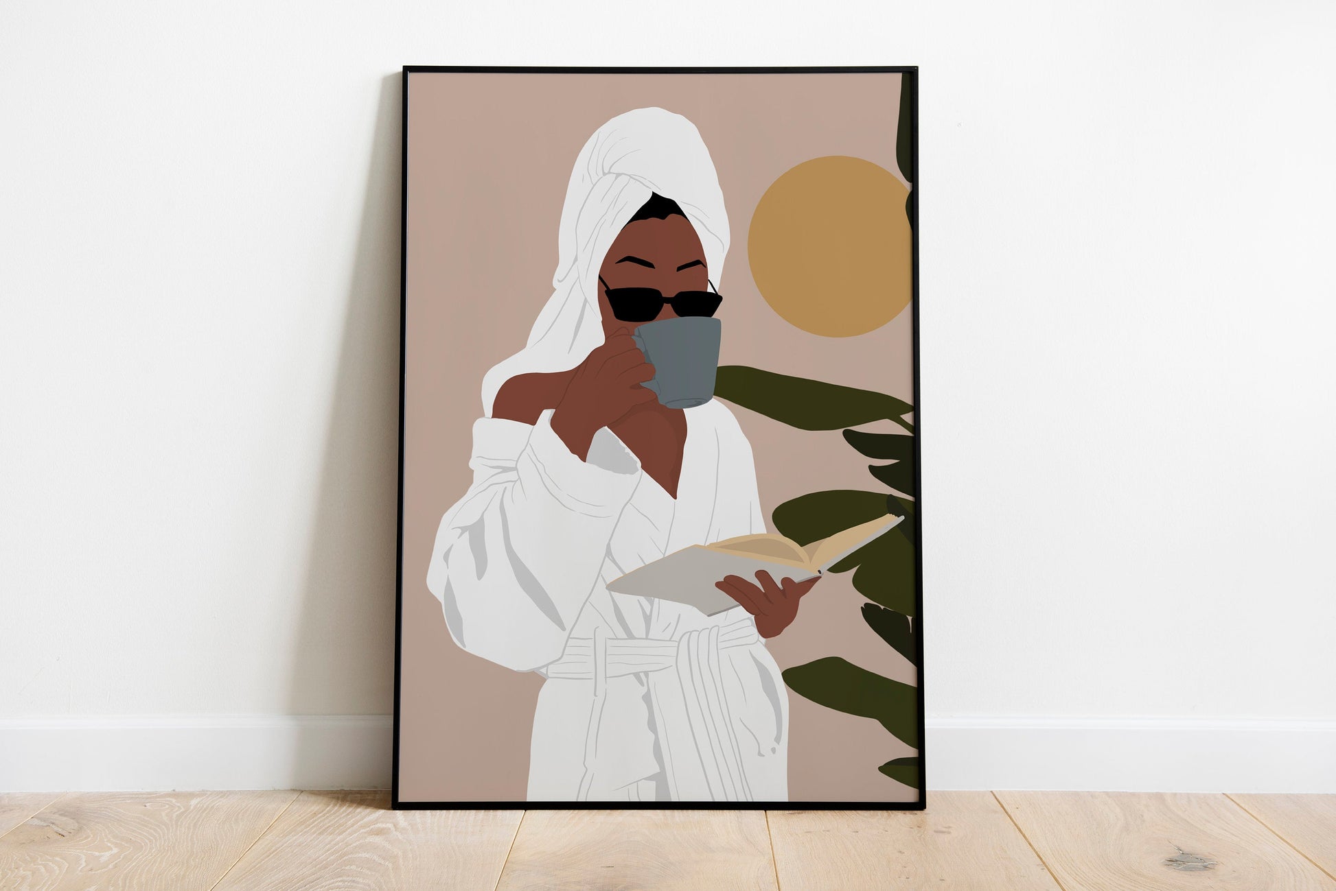Modern black Woman Poster, Coffee Lover Gift, Female , Earthy Tone Print, Boho Girl Wall Decor, African American art 