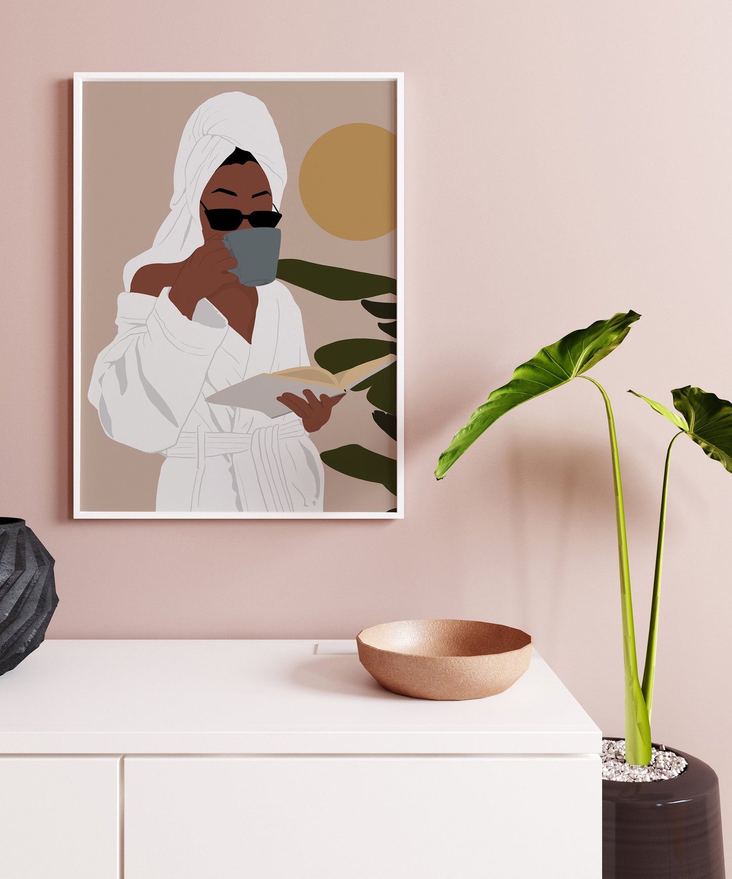 Modern black Woman Wall Art, Coffee Lover Gift, Abstract Female , Earthy Tone Print, Boho Girl Wall Decor, African American art , Girl Print