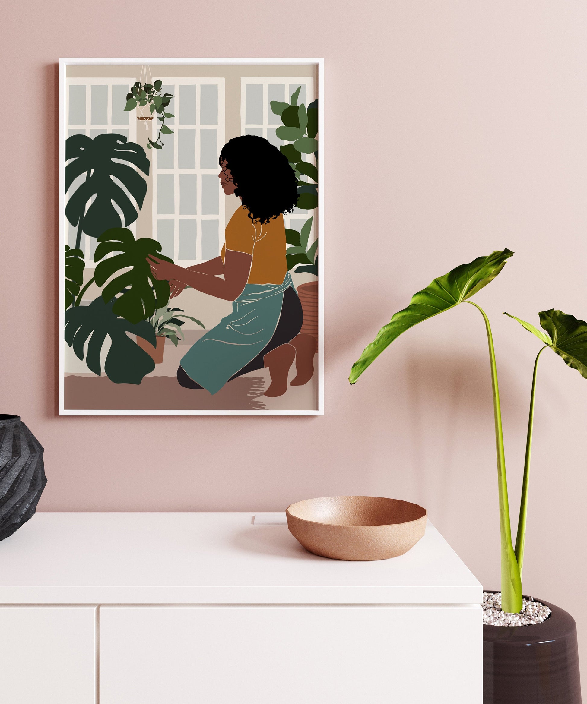 Black art, Black girl poster, African Girl Art, Plant Lover Gift, Black Woman Art, African American art, Modern Mid Century, Indoor Plants.