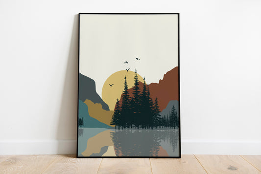 Mid Century Sun mountain Art print, Poster Poster, Sun Poster Print, Landscape Art. Sun Art.