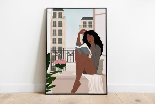 Black Woman Art, Black Girl Reading Book Art, Book Wall Decor, African American Art, City Art