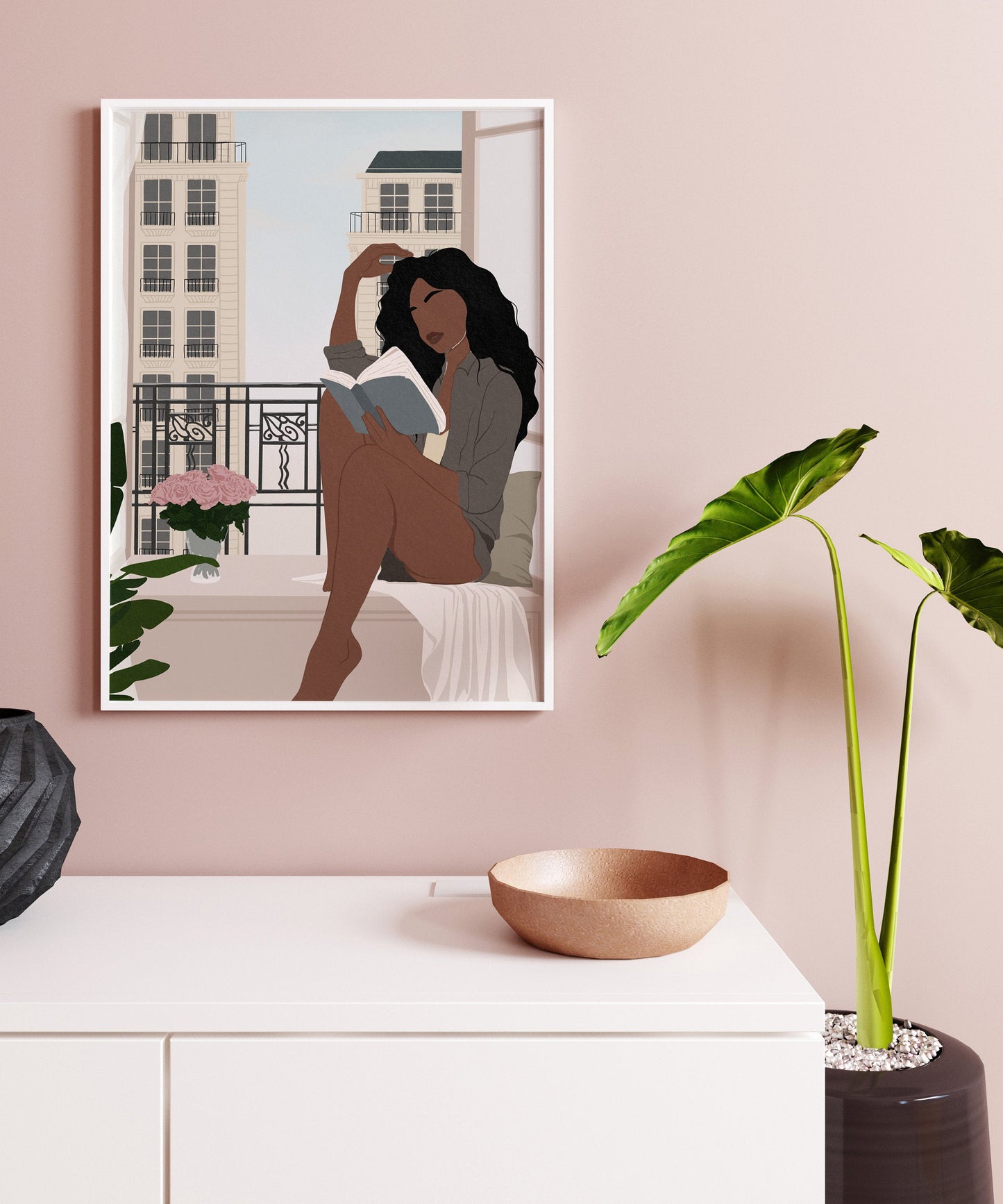 Black Woman Art, Black Girl Reading Book Art, Digital Download, INSTANT DOWNLOAD, Book Lover Art, Wall Decor, African American Art, City Art