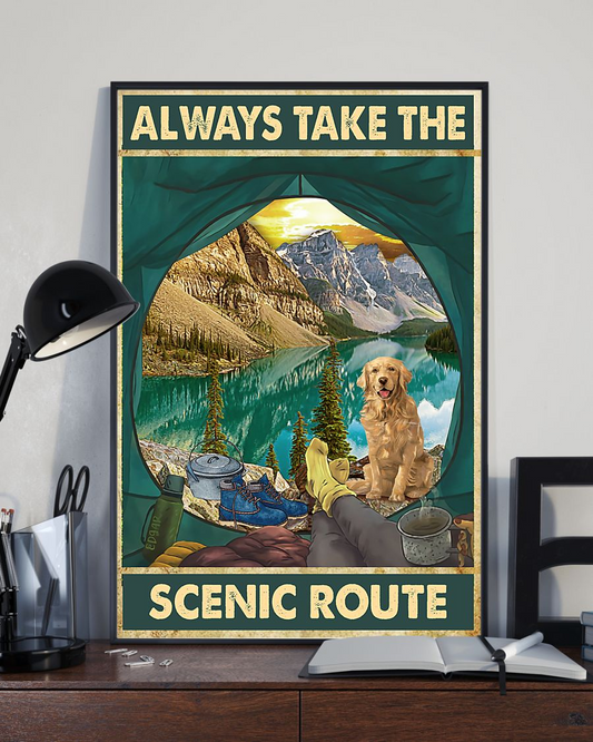 Camping Golden Retriever Dog Canvas Prints Always Take The Scenic Route Vintage Wall Art Gifts Vintage Home Wall Decor Canvas - Mostsuit