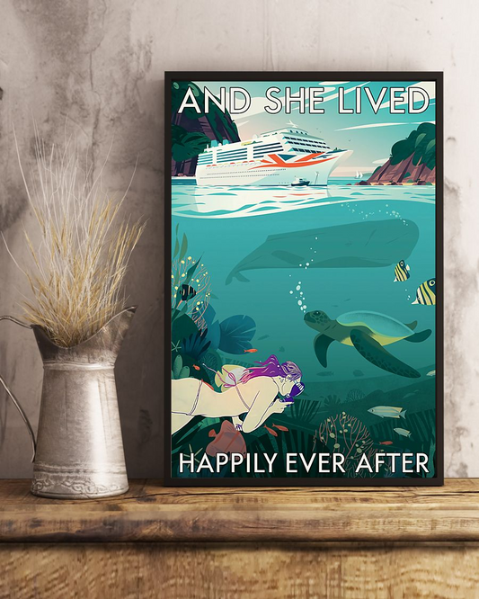 Diving Girl Cruising Turtle Loves Poster And She Lived Happily Ever After Vintage Room Home Decor Wall Art Gifts Idea - Mostsuit