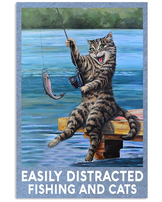 Fishing Cat Canvas Prints Easily Distracted Vintage Wall Art Gifts Vintage Home Wall Decor Canvas - Mostsuit