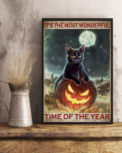 Black Cat Pumpkin Poster The Most Wonderful Time Of The Year Halloween Vintage Room Home Decor Wall Art Gifts Idea - Mostsuit