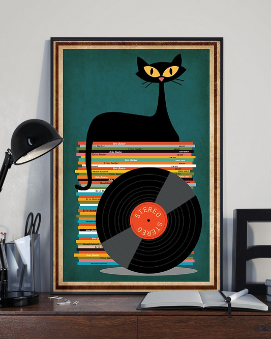 Black Cat Vinyl Record CD Canvas Prints Vintage Wall Art Gifts Vintage Home Wall Decor Canvas - Mostsuit