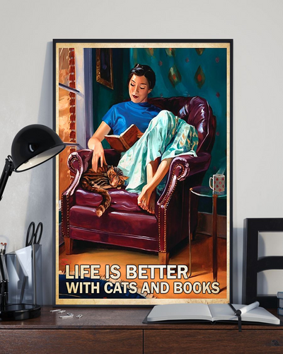 Book And Cat Poster Life Is Better Vintage Room Home Decor Wall Art Gifts Idea - Mostsuit