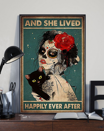 Tattooed Girl Loves Black Cat Poster And She Lived Happily Ever After Vintage Sugar Skull Room Home Decor Wall Art Gifts Idea - Mostsuit