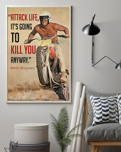 Motocross Poster Attack Life It's Going To Kill You Anyway Vintage Room Home Decor Wall Art Gifts Idea - Mostsuit