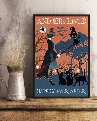 Black Cat Witch Girl Poster And She Lived Happily Ever After Halloween Vintage Room Home Decor Wall Art Gifts Idea - Mostsuit