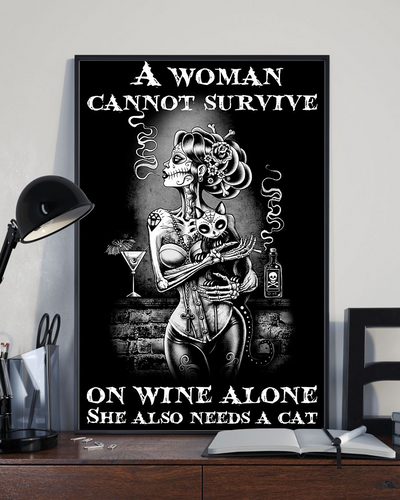 Cat Wine Skeleton Sugar Skull Girl Poster A Woman Cannot Survive On Wine Alone Vintage Room Home Decor Wall Art Gifts Idea - Mostsuit