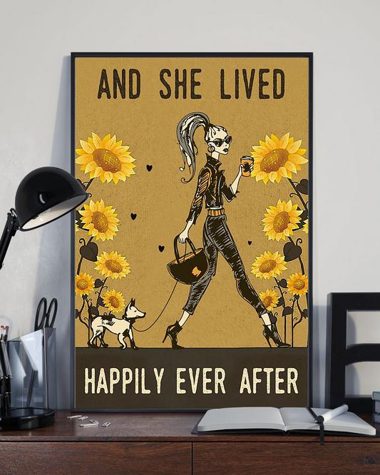 Coffee Dog Sunflower Girl Canvas Prints And She Lived Happily Ever After Vintage Wall Art Gifts Vintage Home Wall Decor Canvas - Mostsuit