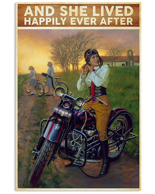 Girl Loves Motorcycle Biker Canvas Prints And She Lived Happily Ever After Vintage Wall Art Gifts Vintage Home Wall Decor Canvas - Mostsuit