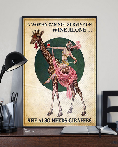 Giraffe Wine Poster A Woman Cannot Survive On Wine Alone Vintage Room Home Decor Wall Art Gifts Idea - Mostsuit