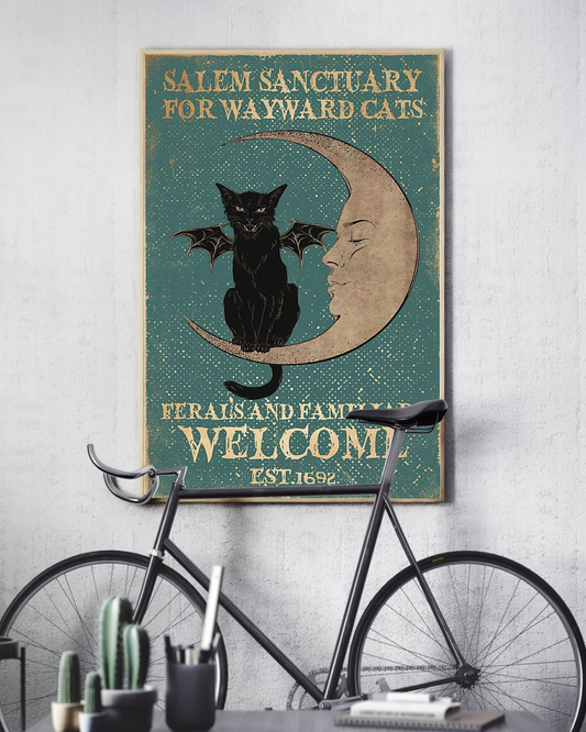 Black Cat Witch Salem Sanctuary Canvas Prints Vintage Wall Art Gifts Vintage Home Wall Decor Canvas - Mostsuit