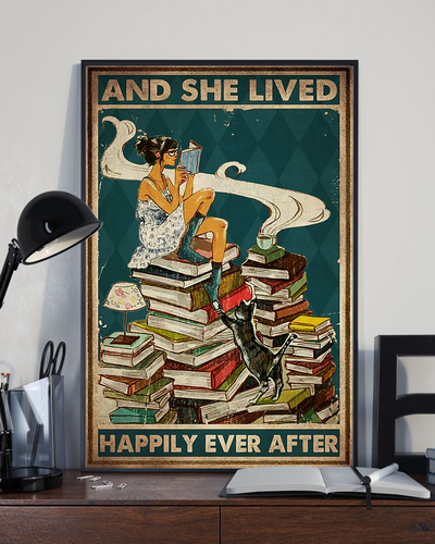 Cat Book Tea Coffee Girl Canvas Prints And She Lived Happily Ever After Vintage Wall Art Gifts Vintage Home Wall Decor Canvas - Mostsuit