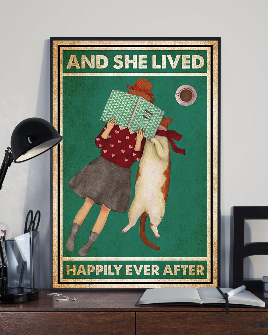Reading Book Cat Poster And She Lived Happily Ever After Vintage Room Home Decor Wall Art Gifts Idea - Mostsuit