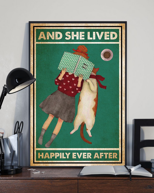Reading Book Cat Poster And She Lived Happily Ever After Vintage Room Home Decor Wall Art Gifts Idea - Mostsuit