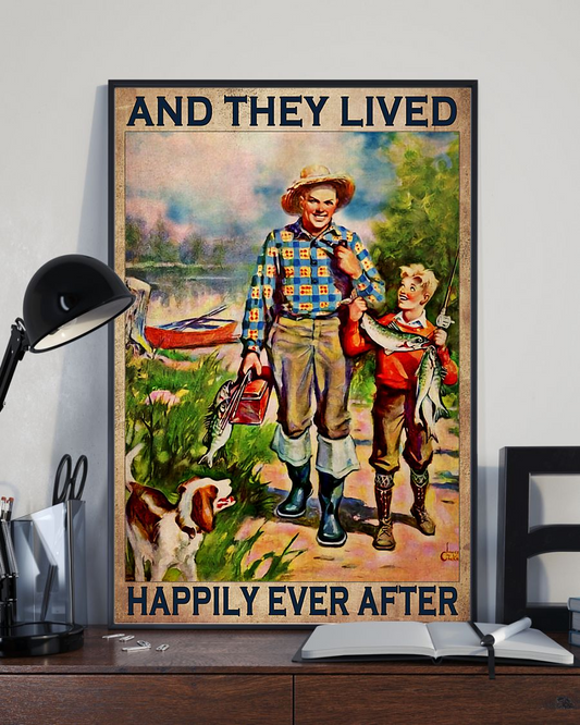 Fishing Dog Loves Poster And They Lived Happily Ever After Father And Son Vintage Room Home Decor Wall Art Gifts Idea - Mostsuit