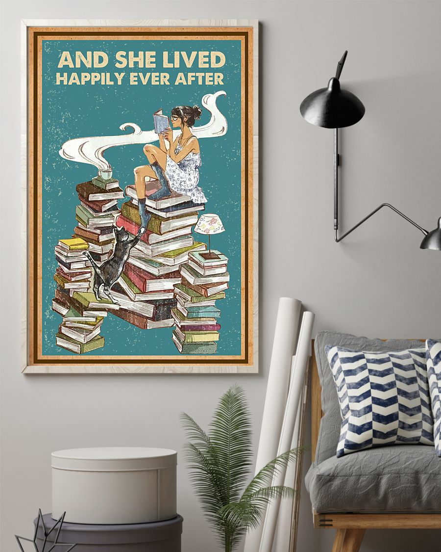 Cat Book Coffee Tea Loves Canvas Prints And She Lived Happily Ever After Vintage Wall Art Gifts Vintage Home Wall Decor Canvas - Mostsuit