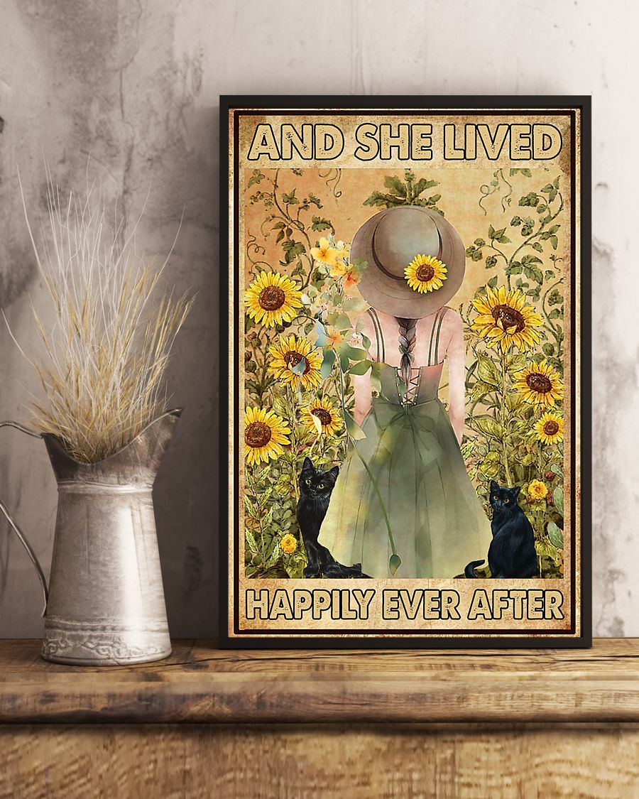 Black Cat Sunflower Girl Canvas Prints And She Lived Happily Ever After Vintage Wall Art Gifts Vintage Home Wall Decor Canvas - Mostsuit
