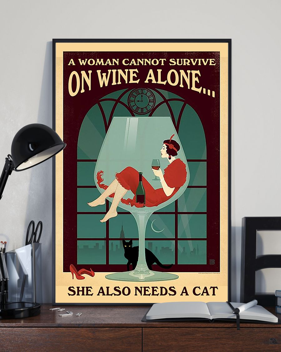 Cat Wine Poster A Woman Cannot Survive On Wine Alone Vintage Room Home Decor Wall Art Gifts Idea - Mostsuit