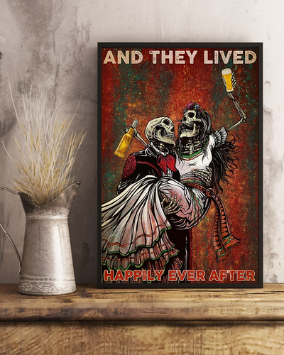 Beer Skeleton Couple Canvas Prints And They Lived Happily Ever After Vintage Wall Art Gifts Vintage Home Wall Decor Canvas - Mostsuit