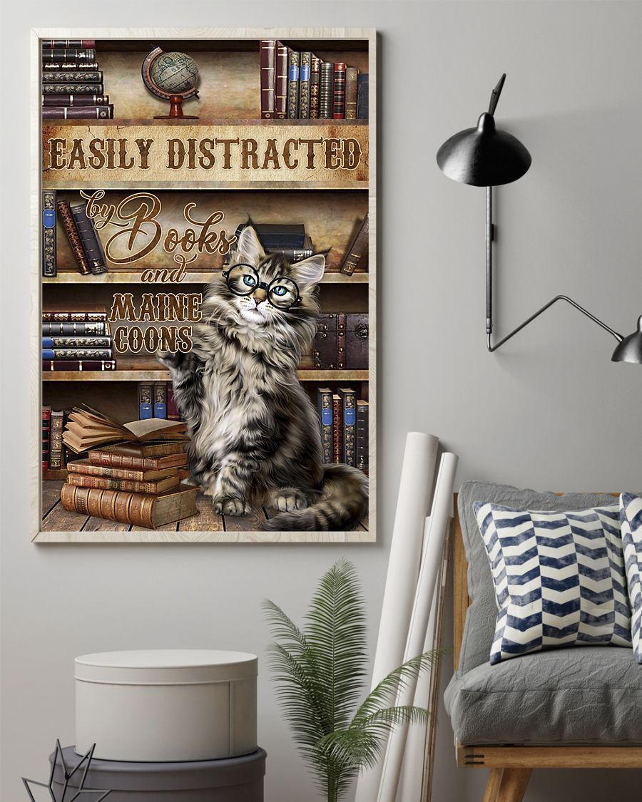 Maine Coon Cat And Book Loves Poster Easily Distracted Vintage Room Home Decor Wall Art Gifts Idea - Mostsuit