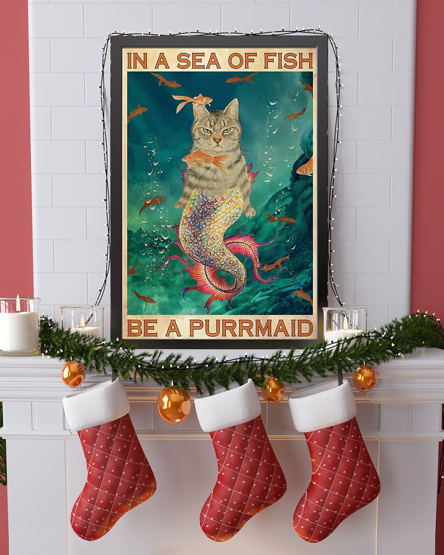 Purr-Maid Cat Mermaid Loves Poster In A Sea Of Fish Be A Purrmaid Vintage Room Home Decor Wall Art Gifts Idea - Mostsuit