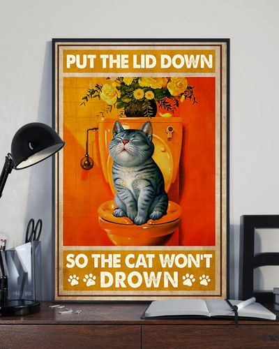 Funny Cat Toilet Canvas Prints Put the Lid Down So The Cat Won't Drown Vintage Wall Art Gifts Vintage Home Wall Decor Canvas - Mostsuit