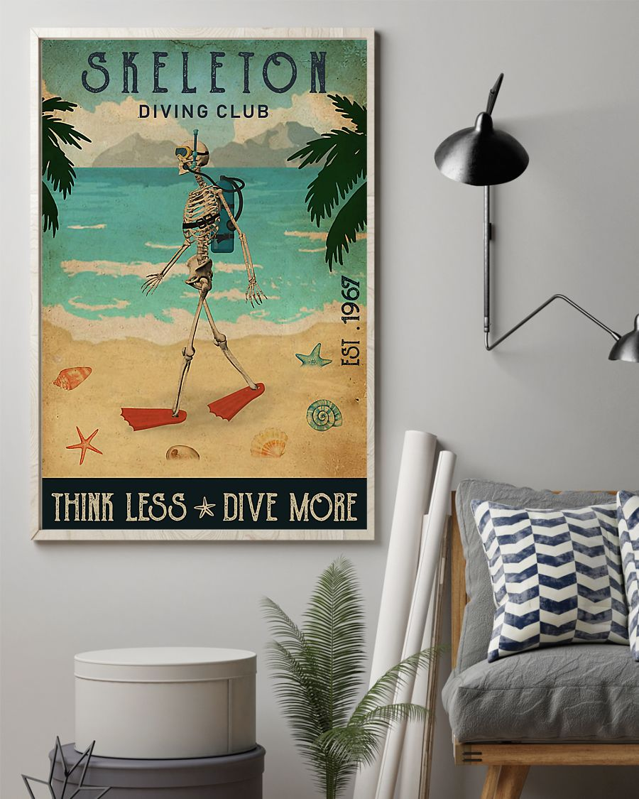 Skeleton Loves Canvas Prints Diving Club Think Less Dive More Vintage Wall Art Gifts Vintage Home Wall Decor Canvas - Mostsuit