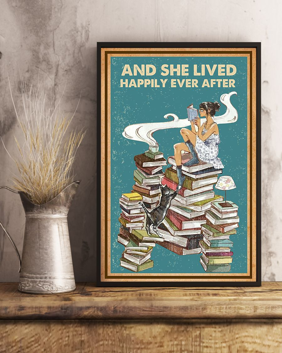 Cat Book Coffee Tea Loves Canvas Prints And She Lived Happily Ever After Vintage Wall Art Gifts Vintage Home Wall Decor Canvas - Mostsuit