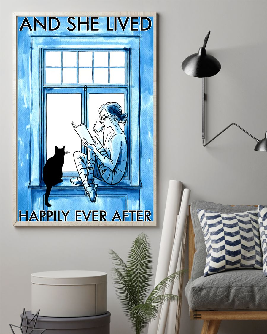 Girl Loves Book And Cat Canvas Prints And She Lived Happily Ever After Vintage Wall Art Gifts Vintage Home Wall Decor Canvas - Mostsuit