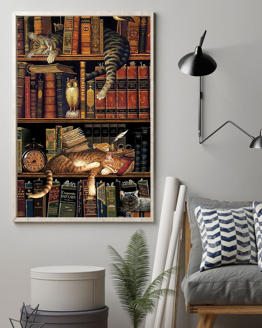 Cat Book Bookshelf Loves Canvas Prints Vintage Wall Art Gifts Vintage Home Wall Decor Canvas - Mostsuit