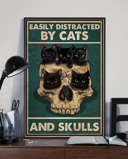 Cats And Skulls Poster Easily Distracted Vintage Room Home Decor Wall Art Gifts Idea - Mostsuit