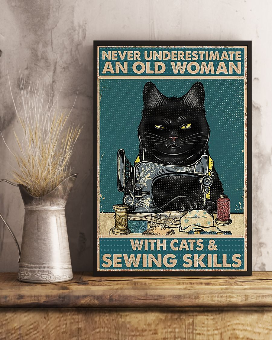 Black Cat Sewing Canvas Prints Never Underestimate An Old Woman With Cats And Sewing Skills Vintage Wall Art Gifts Vintage Home Wall Decor Canvas - Mostsuit